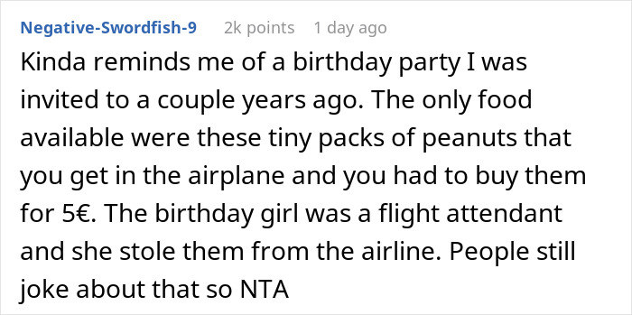 Screenshot of a Reddit comment sharing a story about a flight attendant’s birthday party with only airplane peanuts as food.
