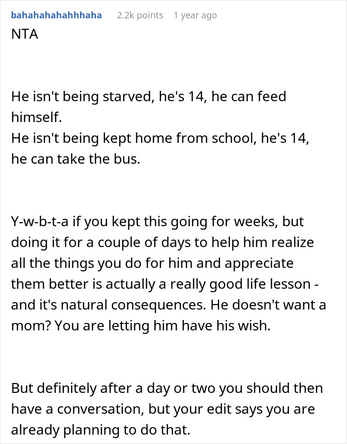 Comment explaining how a mom&rsquo;s punishment helps a teen become an exemplary son by letting him face natural consequences.