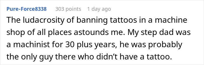 Comment discussing a tattoo ban for machinists in a machine shop setting. - 20
