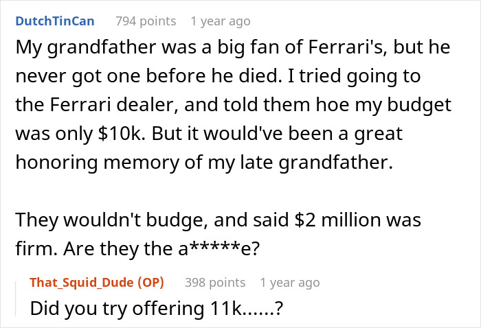Text exchange between users discussing a budget issue for a memorial, highlighting client refusal to compromise. Text exchange between users discussing a budget issue for a memorial, highlighting client refusal to compromise.