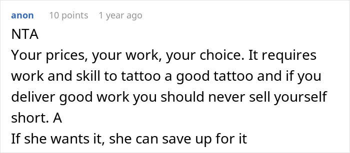 Comment discussing overpriced memorial tattoo and artist's pricing rights. Comment discussing overpriced memorial tattoo and artist's pricing rights.