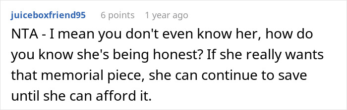 Comment discussing a memorial tattoo dilemma and affordability concerns. Comment discussing a memorial tattoo dilemma and affordability concerns.