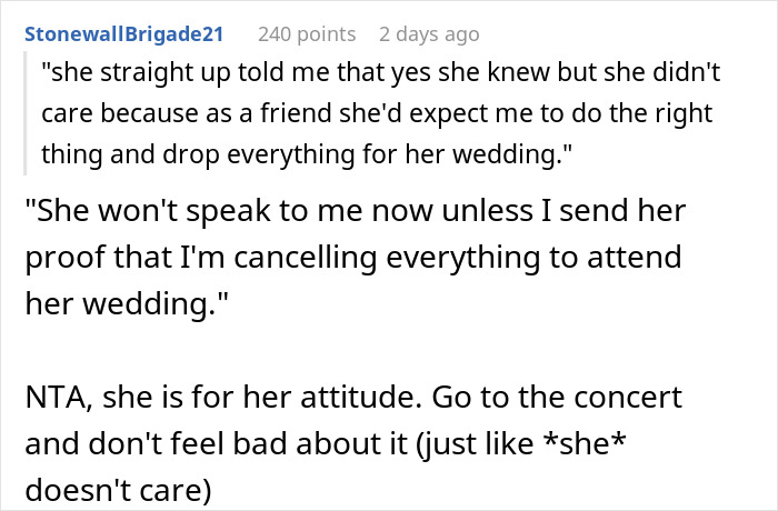 "AITA For Choosing A Concert Over My Best Friend's Wedding?"