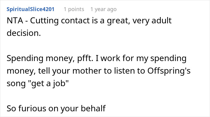 Screenshot of a Reddit comment discussing a woman considering going no-contact with mom after a $150k lawsuit demand.