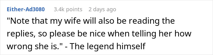 Reddit comment showing husband asking others to be nice when telling his wife she is wrong in their argument online.