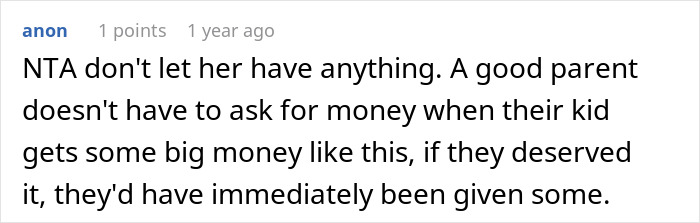 Screenshot of online comment discussing a woman considering no-contact with mom after $150k lawsuit payout dispute.