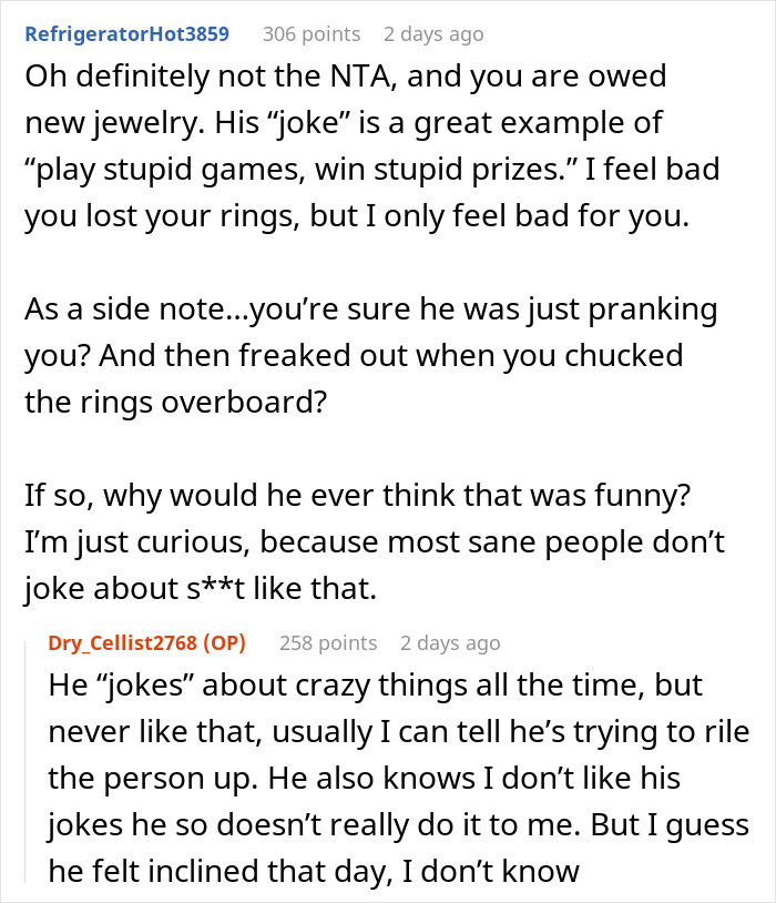 "My Husband's Jaw Hit The Floor": Wife Throws Rings In The Ocean After Husband's Cruel 'Prank' "My Husband's Jaw Hit The Floor": Wife Throws Rings In The Ocean After Husband's Cruel 'Prank'