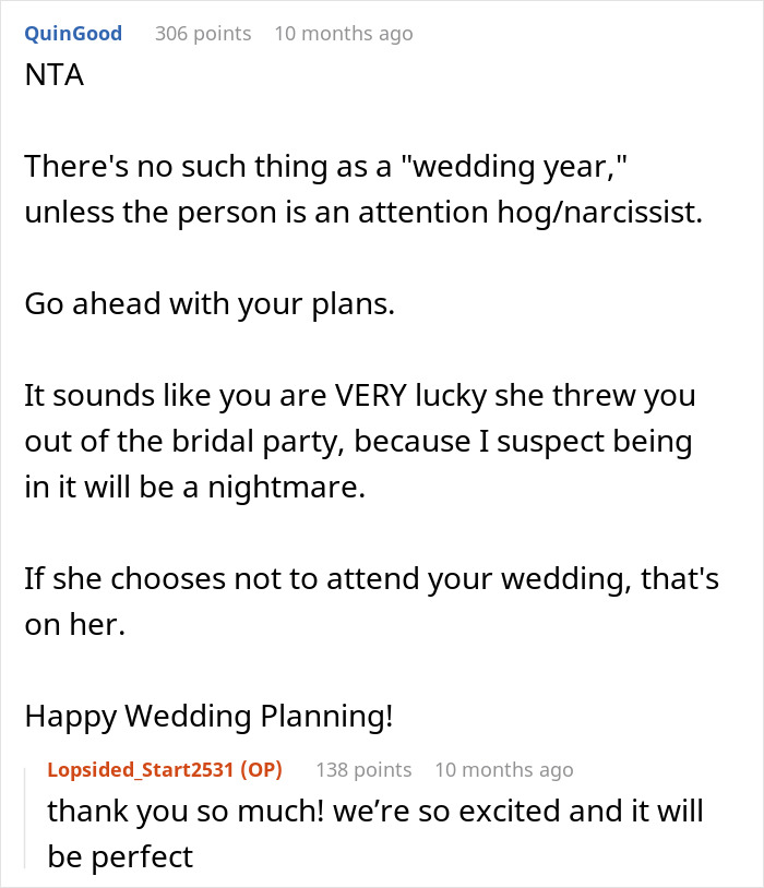 Woman Is Confused After Bridezilla Forbids Her From Getting Married During Her “Wedding Year” - 10
