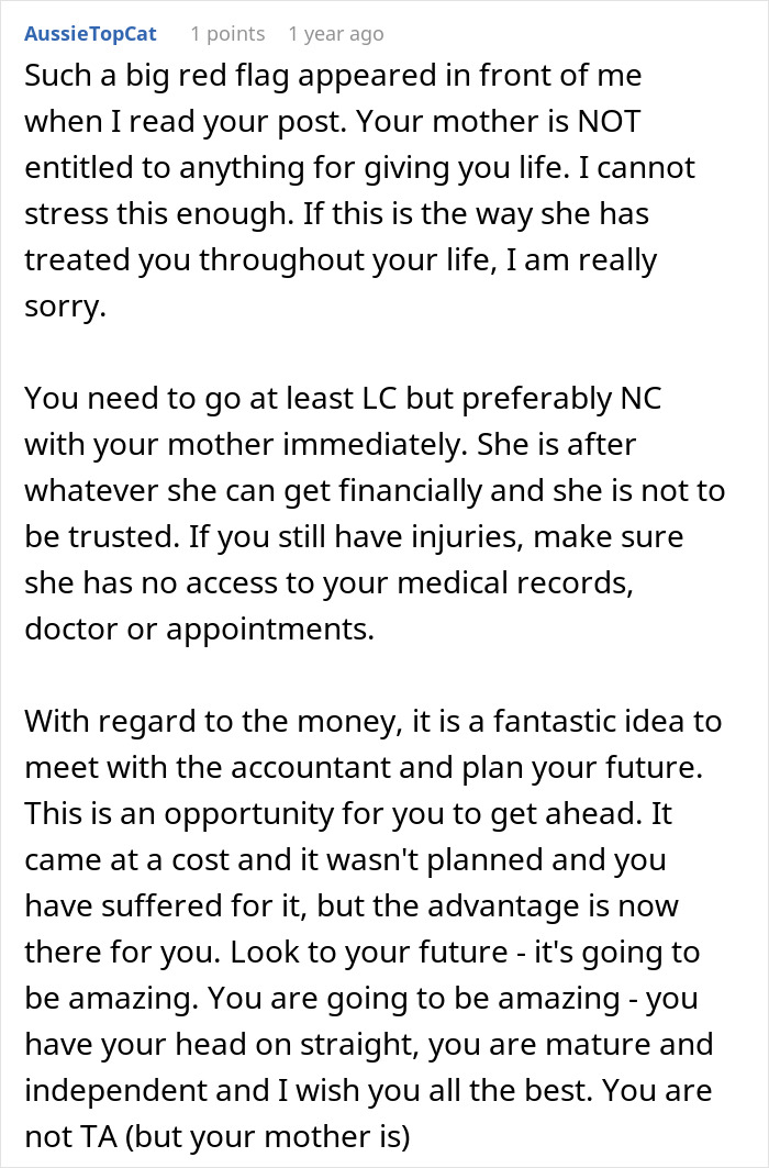 Alt text: Woman considers going no-contact with mom after $150k lawsuit payout and feeling she gave her life