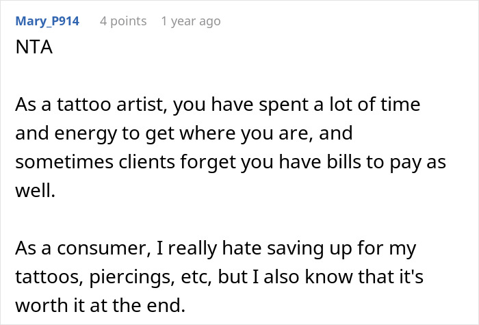 Text comment discussing a tattoo artist's value and client's expectations. Text comment discussing a tattoo artist's value and client's expectations.