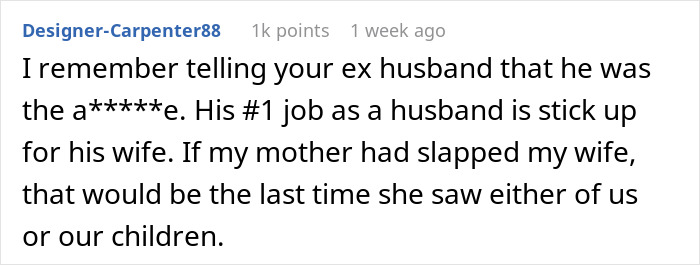 Comment text on screen about husband ignoring mom's insults, highlighting woman hands husband divorce papers theme.