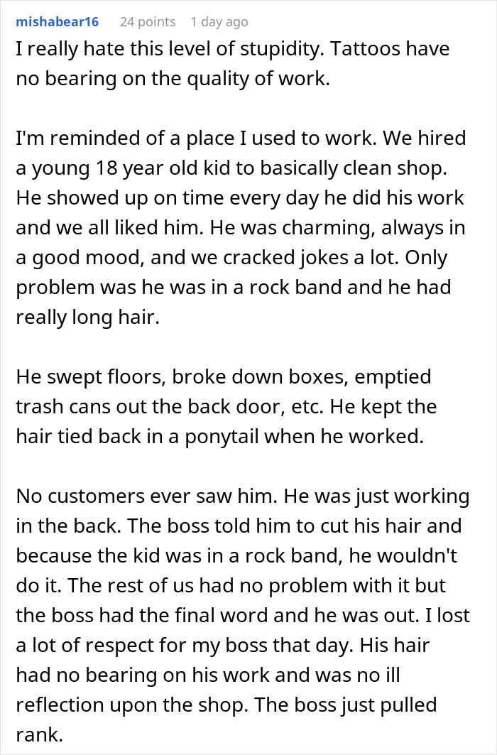 Text discussing tattoos and workplace discrimination. - 28