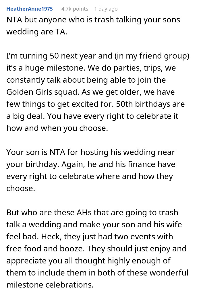 Mom Warns Son Her Birthday Party Is Going To Upstage His Wedding But He Doesn't Care, Regrets It