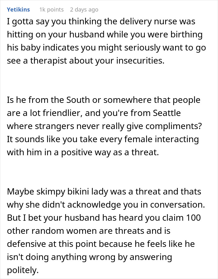 Comment discussing a woman making her husband post their argument online and receiving a reality check about insecurities.