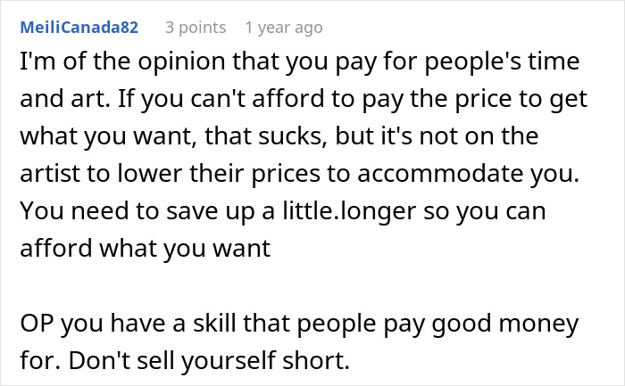 Text discussing artist pricing and client compromise on overpriced tattoo. Text discussing artist pricing and client compromise on overpriced tattoo.