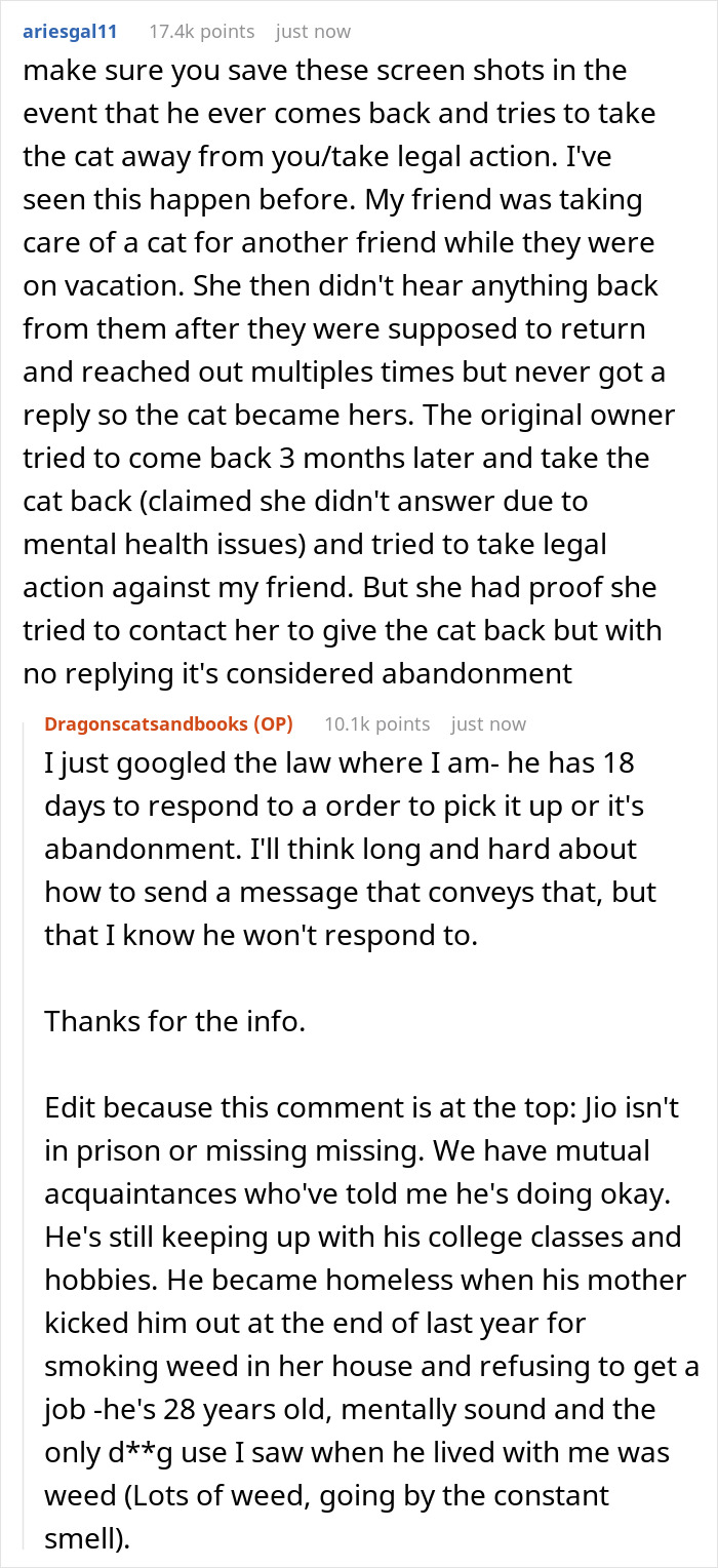 Guy Asks A Friend To Watch His Sick Cat For A While, Starts Ignoring Texts Asking Him To Take It Back