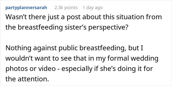 Bride Dislikes Sister's 'Exhibitionism' While Breastfeeding, Seats Her Aside At The Ceremony Bride Dislikes Sister's 'Exhibitionism' While Breastfeeding, Seats Her Aside At The Ceremony
