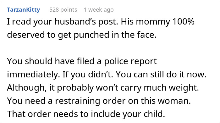 Comment text discussing a husband&rsquo;s situation involving his mother&rsquo;s insults and a suggestion to file a police report.