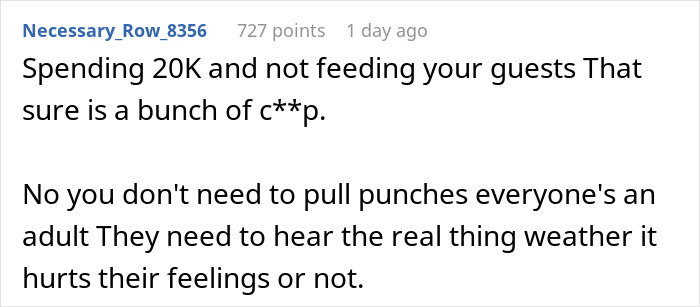 Comment discussing a woman upset over reactions to her 20k wedding and guests not being fed properly.