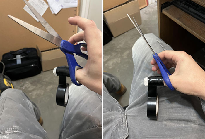 Person holding scissors with tape stuck on one blade, demonstrating a clueless moment surprising others with stupidity.