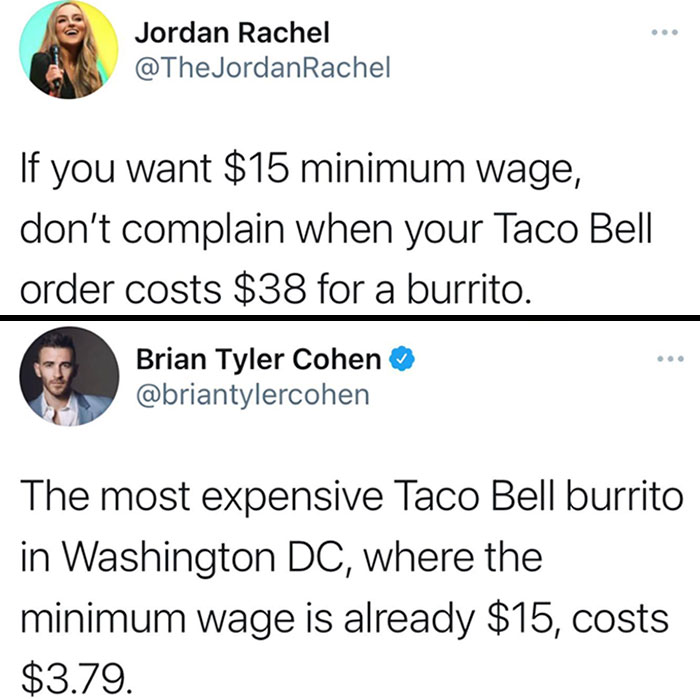 Two tweets humorously discuss Taco Bell burrito costs and minimum wage, highlighting clueless people surprising others with stupidity.