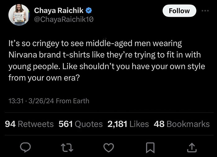 Tweet criticizing middle-aged men wearing Nirvana t-shirts, showing clueless people surprising others with their stupidity.