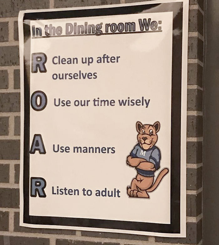 Poster showing dining room rules with spelling errors, highlighting clueless people surprising others with their stupidity in new pics.