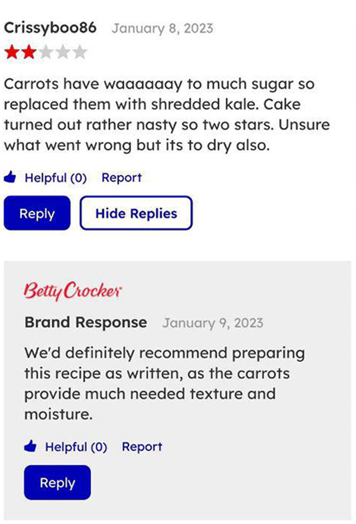 Review showing clueless person replacing carrots with kale in a recipe, surprising others with their stupidity.