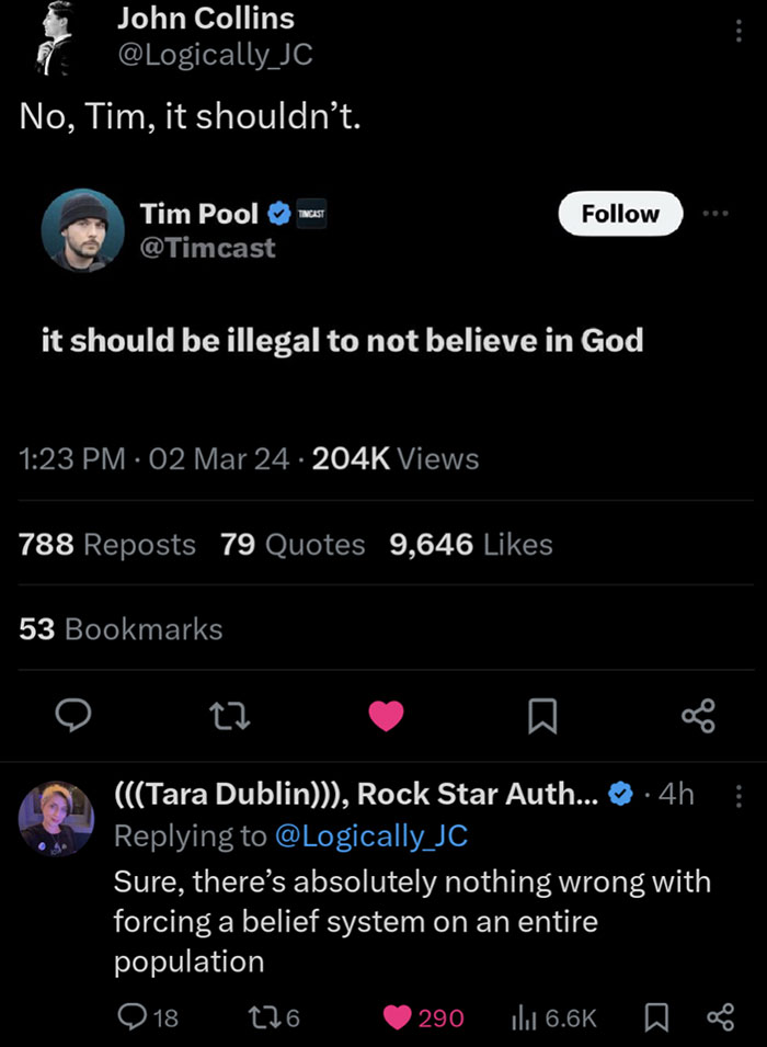 Screenshot of a social media debate showing clueless people expressing surprising views on belief and legality.