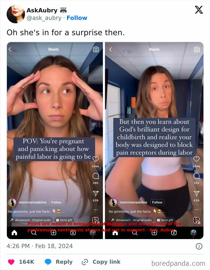 Woman sharing a clueless pregnancy misconception about labor pain and body design in two side-by-side video clips.