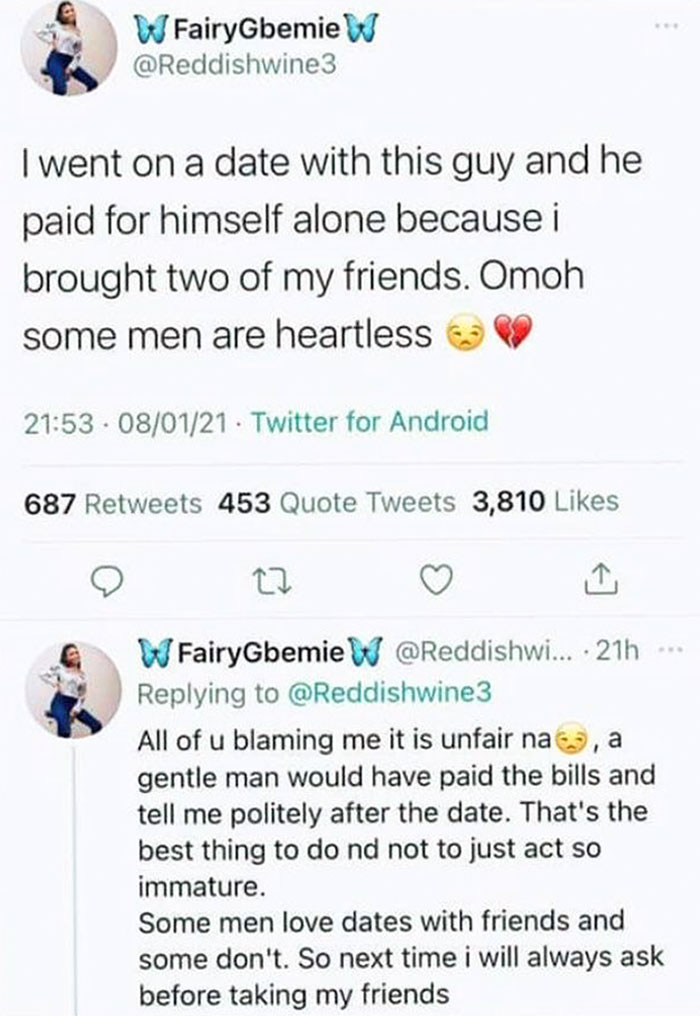 Twitter post about a clueless dating experience where a man paid only for himself, surprising others with his behavior.
