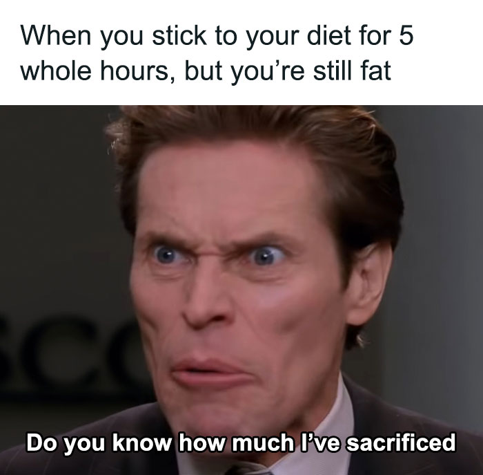 Close-up of a man making a funny face, with text about dieting frustrations. Gym memes humor from a Facebook meme page.