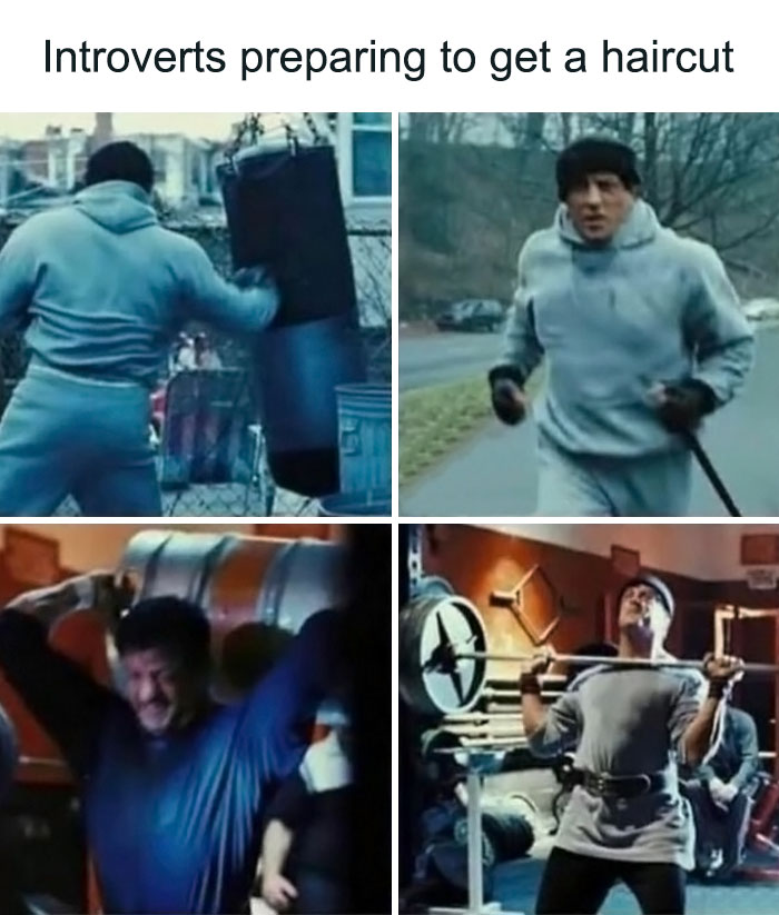 Gym meme showing intense workout scenes with a humorous caption about introverts preparing to get a haircut.
