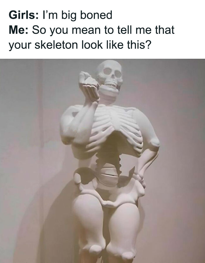 Funny gym meme with a sculpture of a curvy skeleton, captioned about being big boned.