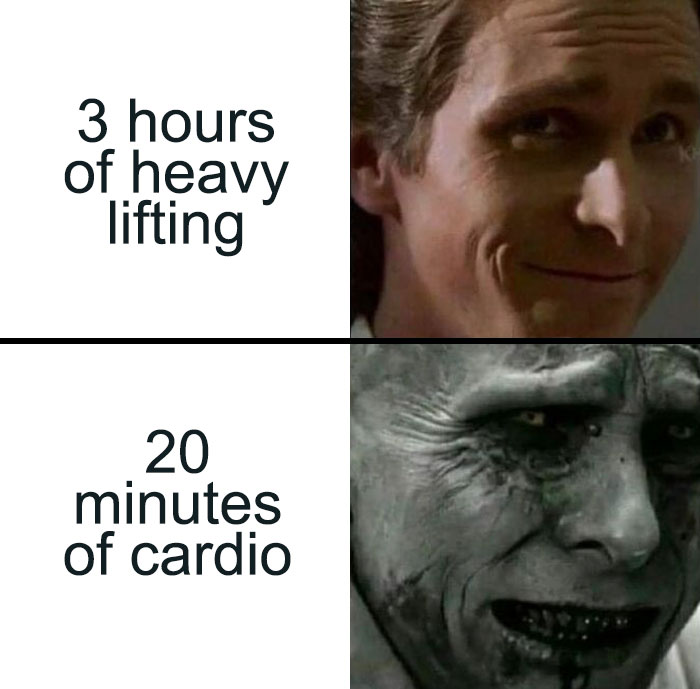 Gym meme showing contrast between heavy lifting and cardio with humorous facial expressions.