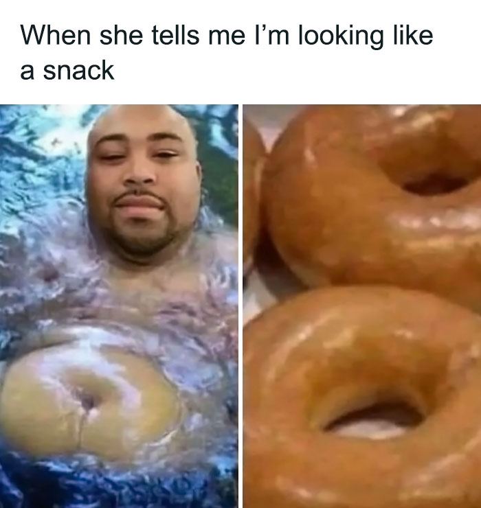 Man floating in water with belly resembling a doughnut, paired with doughnut image, creating a humorous gym meme.