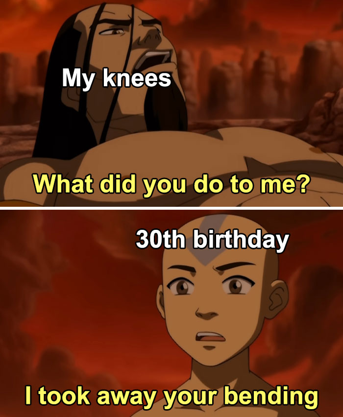 Two characters discussing knee pain and aging in a humorous gym meme.