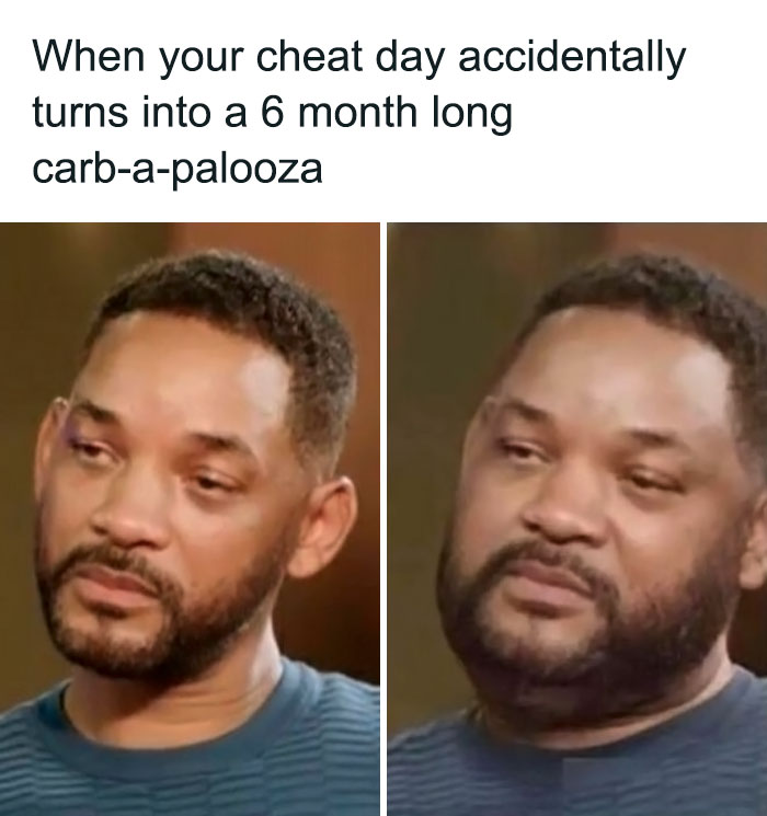 Man looking disappointed with text about extending cheat day, popular gym meme.