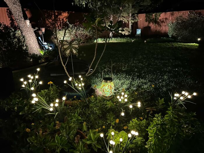 Solar garden lights glowing in a dark backyard, enhancing garden gadgets for a less chaotic garden space at night.