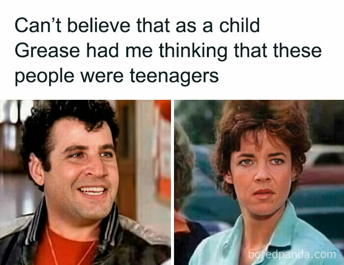 Two adults from the movie Grease with a humorous caption about mistaking them for teenagers; funny '80s meme joke.