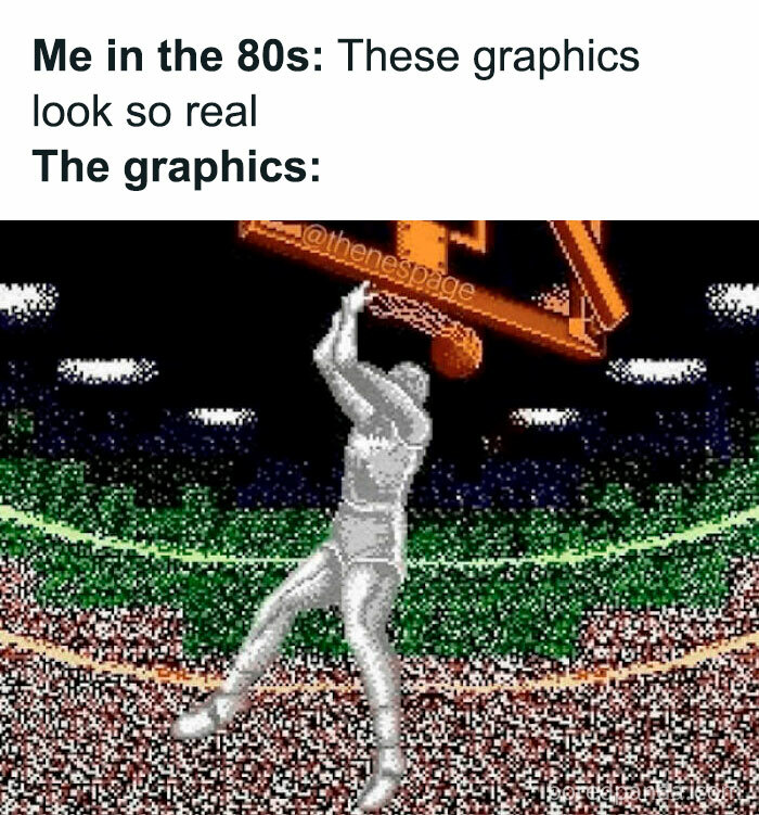 Retro '80s meme showing blocky video game graphics of a basketball player dunking a ball.