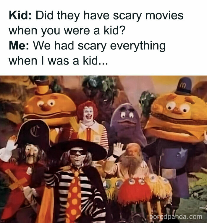 '80s characters posing, with text joking about everything being scary back then, highlighting '80s humor.