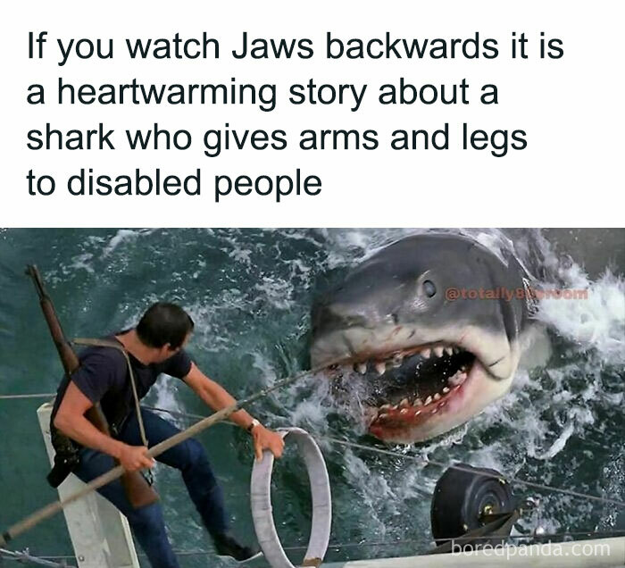 Man with spear facing shark from Jaws, humorous text about reversing the movie's plot, highlighting '80s memes.