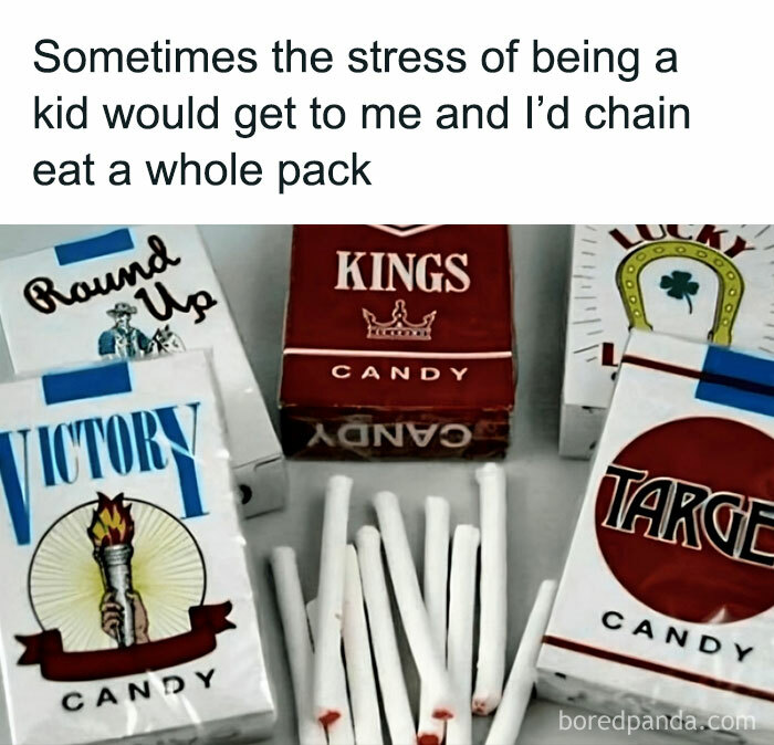 Candy cigarettes resembling vintage packs from the '80s, a funny Gen X meme about childhood stress relief.