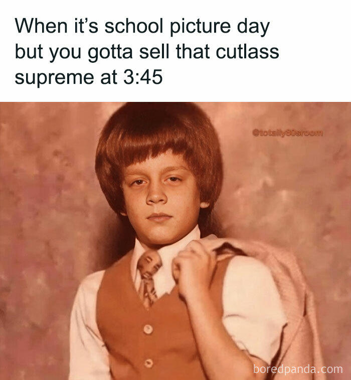 80s meme of a serious young boy in a vintage outfit, ready for school picture day, humorously suggesting he's selling a car.