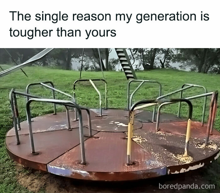 Rusty playground merry-go-round, illustrating a funny 80s meme about generational toughness.