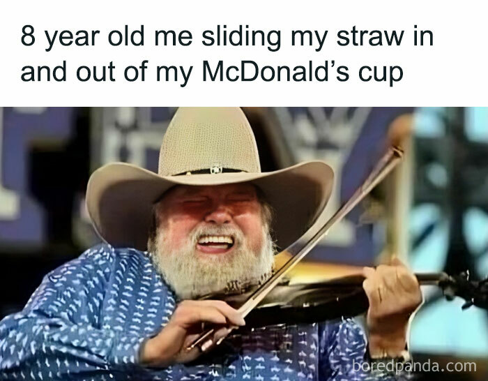 Funny ’80s meme showing a bearded man enthusiastically playing a fiddle, captioned with a childhood McDonald's straw memory.