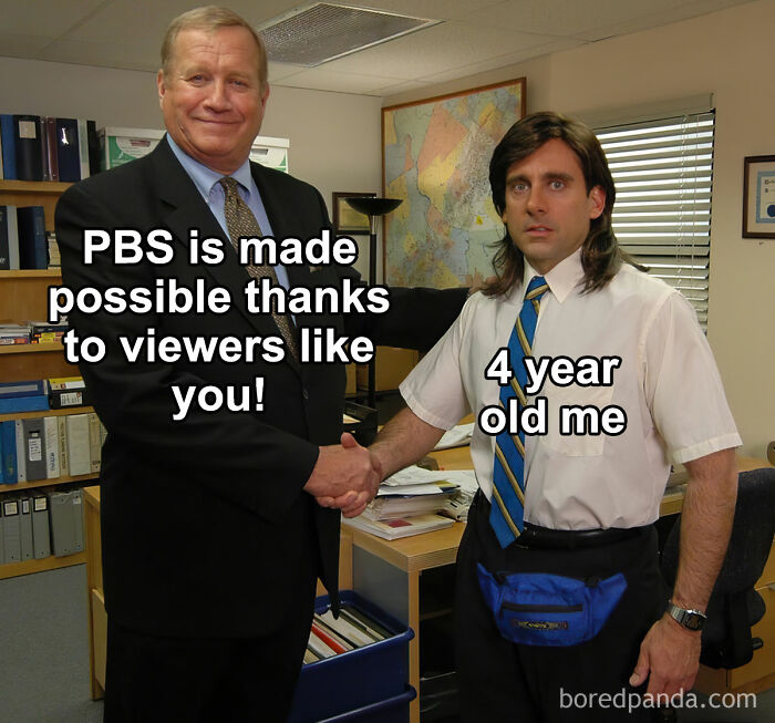 Man in suit shaking hands with another man in an office with captions referencing Gen X and Millennials humor.