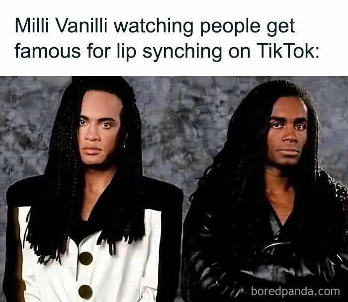 Two '80s musicians looking surprised, highlighting humor in the evolution of lip-syncing popularity.