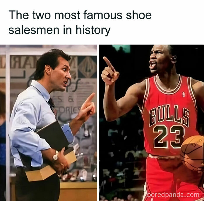 Two men from '80s memes humorously labeled as famous shoe salesmen.